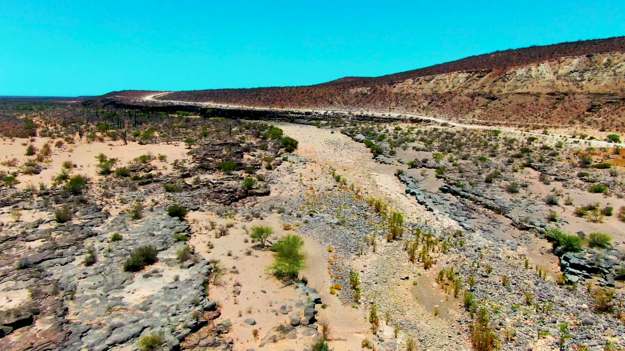 Desert wash and dark rock shelves with scattered green shrubs beneath a clear sky.