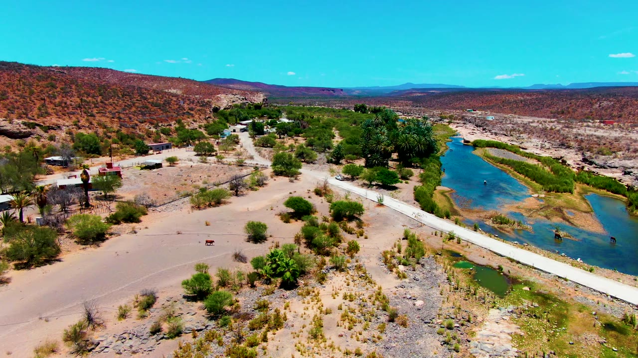 High aerial frame over San Juanico, Baja California Sur showing a narrow blue river beside sandy desert, a pale road, scattered shrubs, small buildings, low hills, and no visible people.