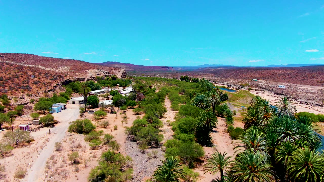Aerial view over San Juanico, Baja California Sur with green palms in the foreground, small buildings to the left, dry hills beyond, and no visible people.