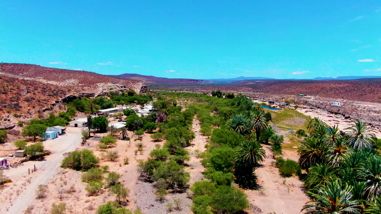 A wide San Juanico aerial frame places palms and shrubs across the lower right, small buildings and a sandy road to the left, dry hills in back, and no visible people.