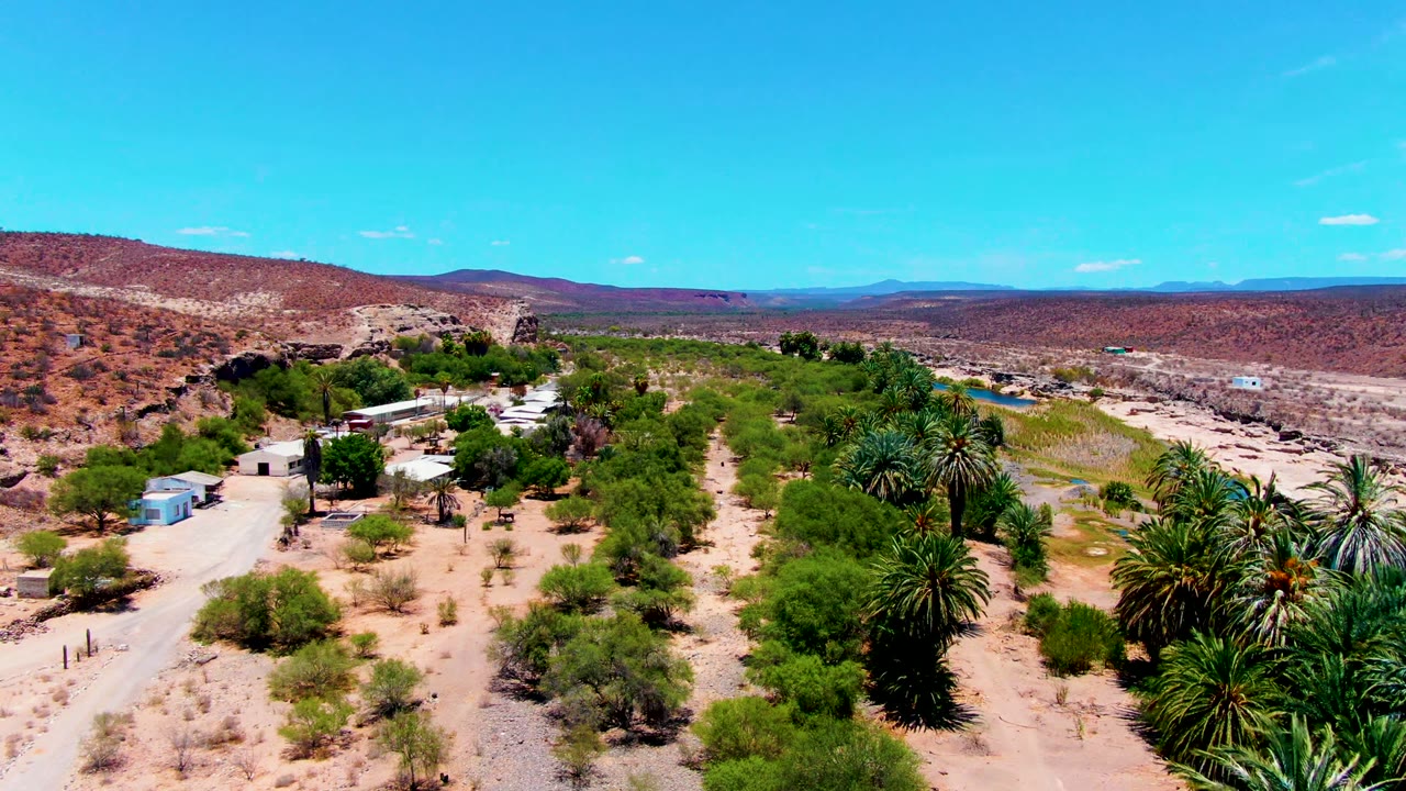 Opening aerial frame over San Juanico, Baja California Sur, showing a pale dirt road, palms, scattered shrubs, small structures, red-brown hills, and no visible people.
