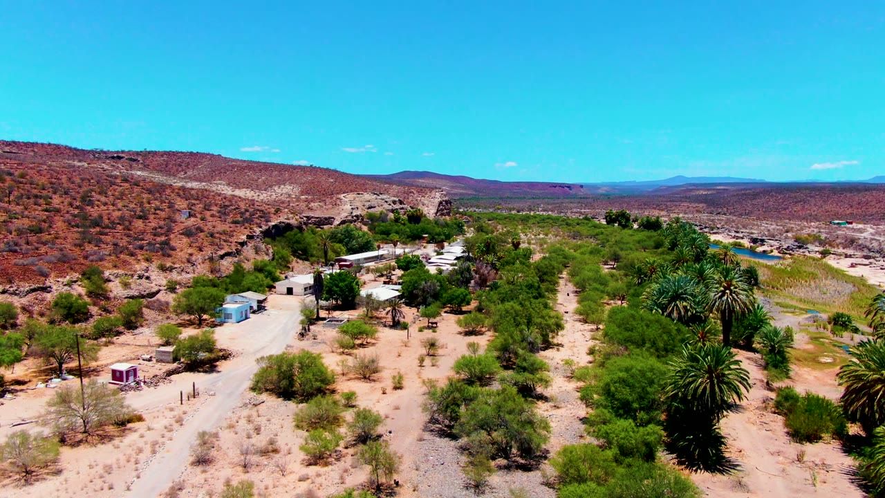 San Juanico aerial frame with a road curving past small blue and pale structures, dense palms to the right, red desert slopes in the background, and no visible people.