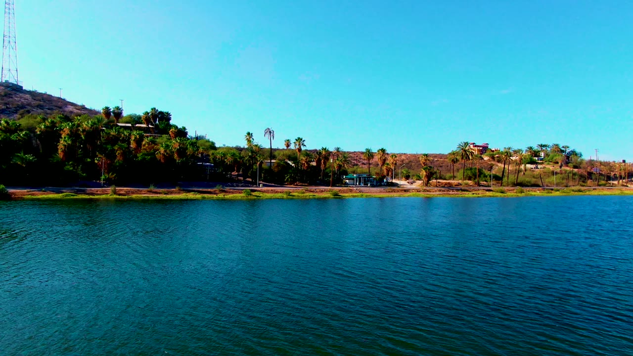 Wide aerial frame over blue-green water in Mulege, Baja California Sur, with palm trees, a low hillside, scattered buildings, a tall tower at left, and no visible people.