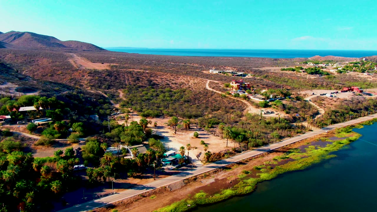Drone-like view over Mulege with the road crossing the lower frame beside blue water, trees near the shoreline, dry hills behind, and no visible people.