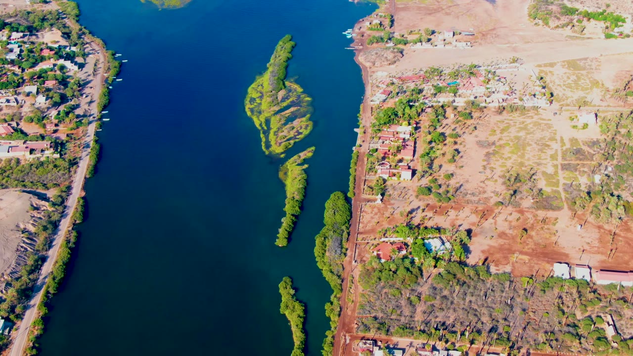 Aerial view of river beside dry land and houses