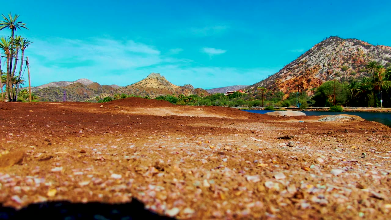 Low view of reddish rocky shore in Mulege, Baja California Sur, with palm trees at the edges, arid mountains in the background, blue sky above, and no visible people.
