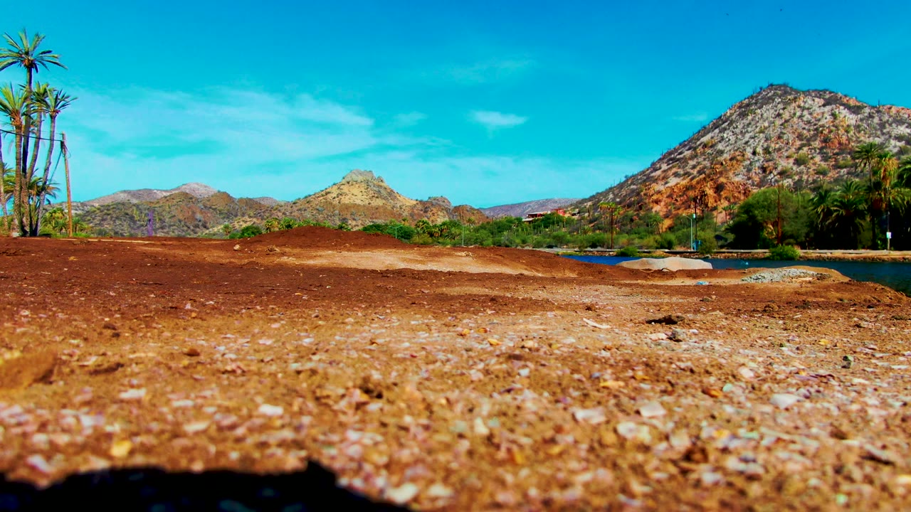 Rocky desert ground leading toward palms and mountain ridges.