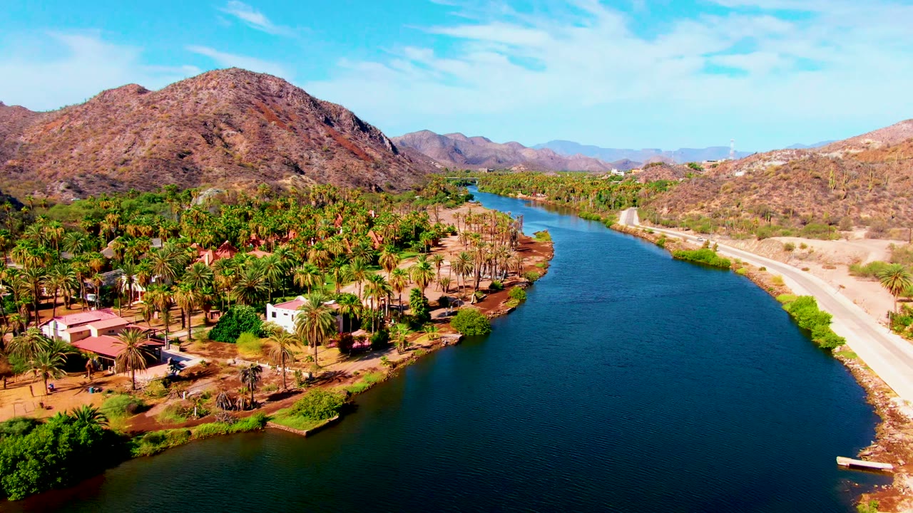 Aerial river view with palms and houses on one bank and a road along the other bank.