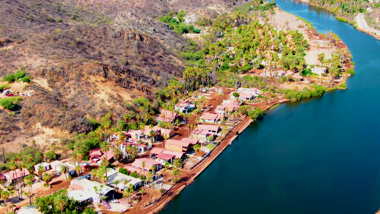 Aerial view drifting over homes, palms, shoreline road, and blue water.