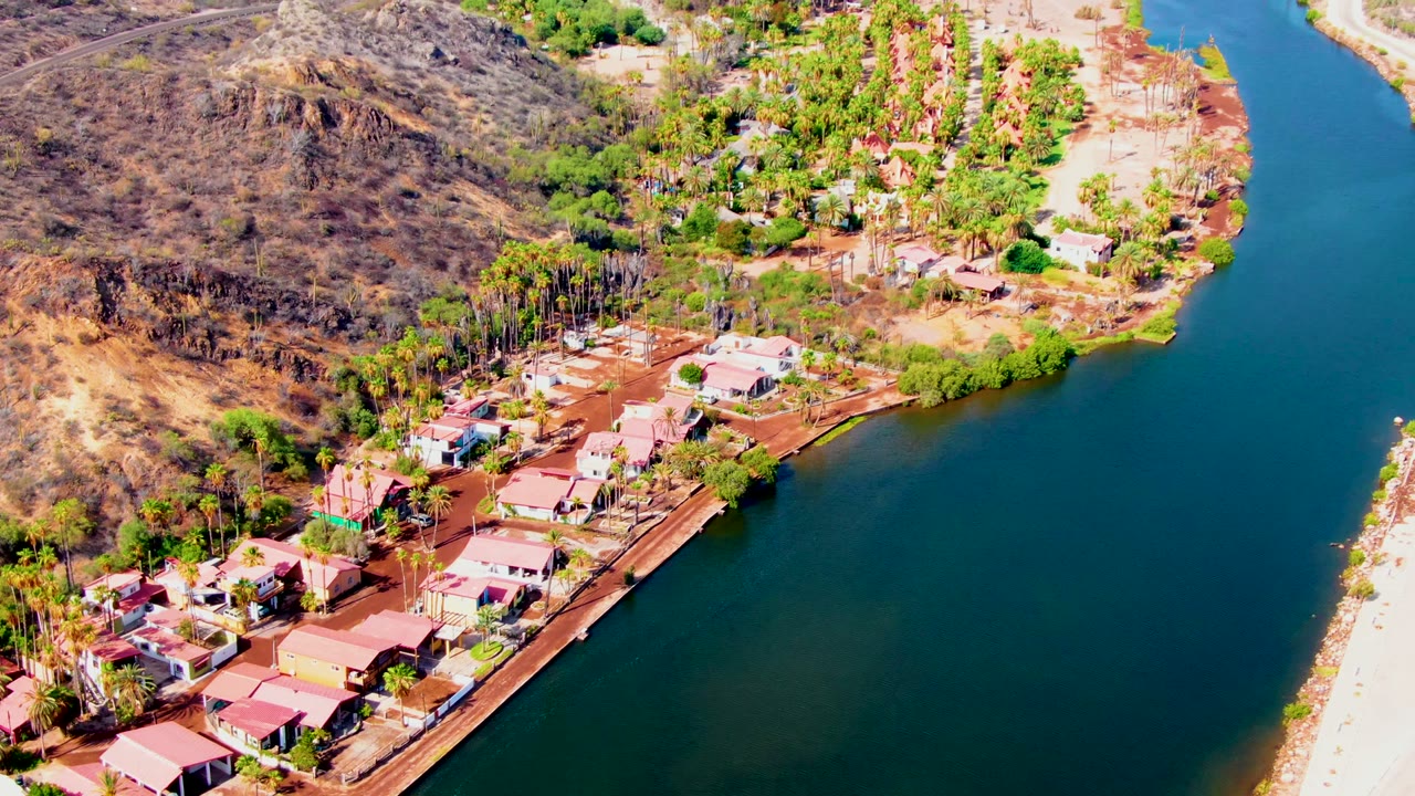 Drone view of shoreline homes, trees, and calm water.