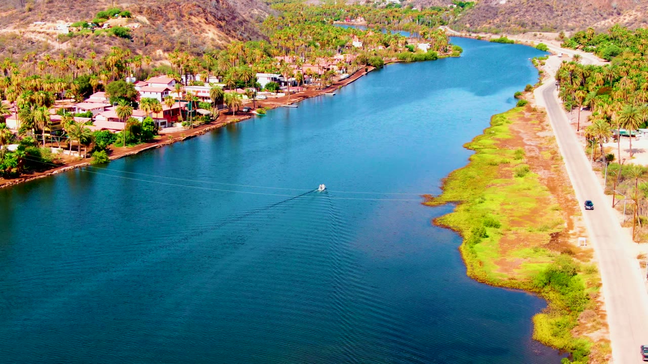 The boat wake widens across the blue Mulege canal, with a car on the adjacent road, bright green shoreline vegetation, waterfront homes, palms, dry hills, and no visible people.
