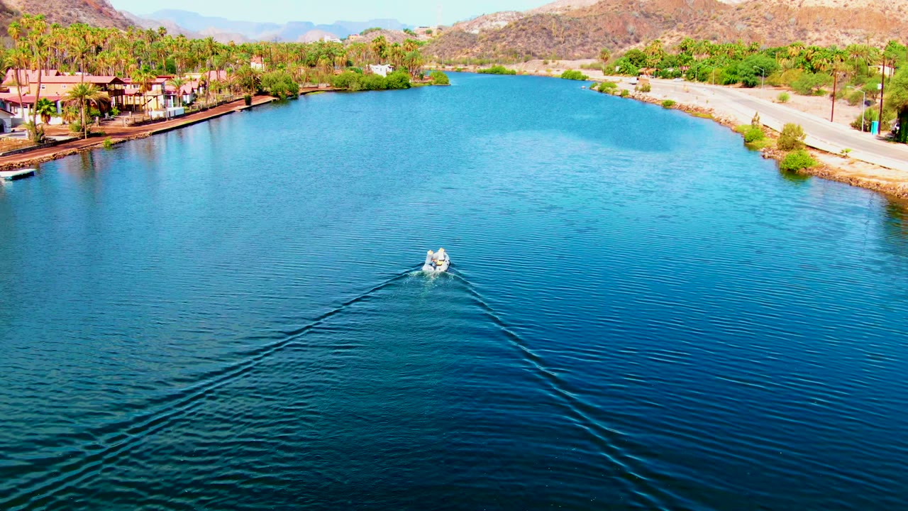 Boat wake widening across blue canal water below palms and buildings.