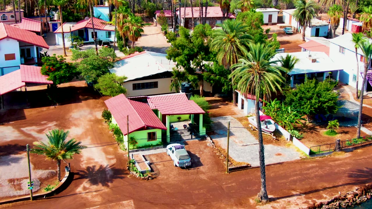 Mulege residential aerial with the water nearly gone from frame, centered on a green house, red-roofed homes, reddish streets, tall palms, parked cars, and no visible people.