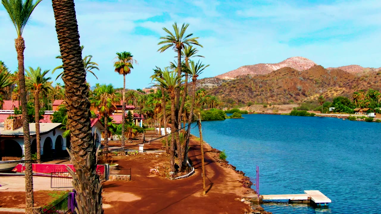 Opening frame in Mulege, Baja California Sur shows palm trunks along a red shoreline, calm blue water, a small dock, arched building details, distant hills, and no visible people.