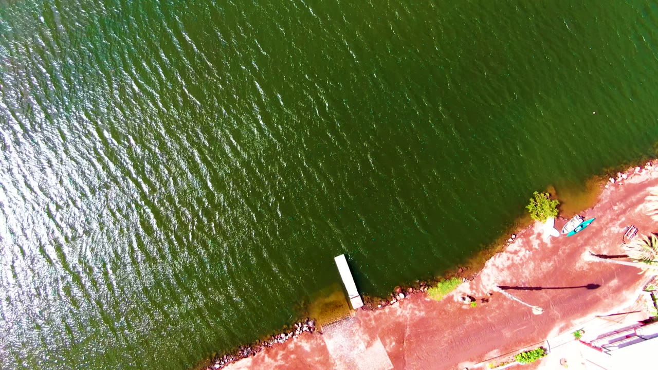 Overhead aerial frame in Mulege, Baja California Sur, Mexico, showing green rippled water, a diagonal reddish shoreline, a small white dock, palms, and tiny distant people on the bank.