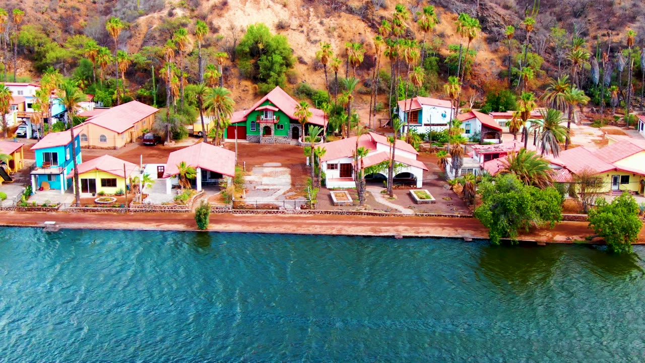 Waterfront homes with red roofs and palms beside rippling blue water.