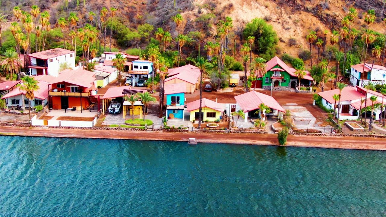 Mulege waterfront frame with a central cluster of homes, palms rising behind the roofs, and textured blue water in the foreground, with no visible people.