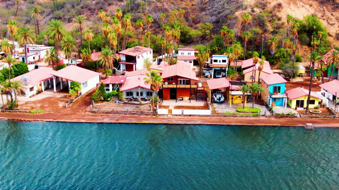 Coastal houses with red roofs beside rippling blue water and palms.