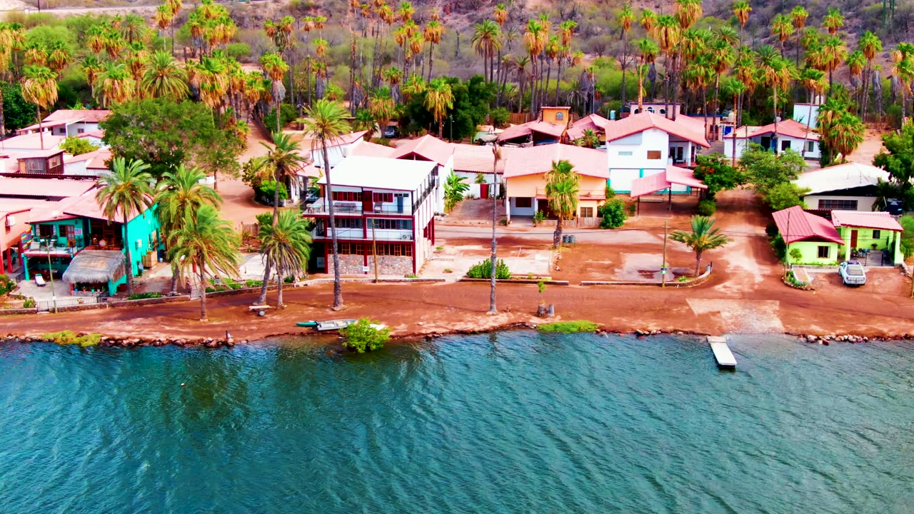 Drone frame over Mulege waterfront where blue water fills the foreground, colorful houses line a dirt shore, dense palms rise behind them, and no visible people appear.