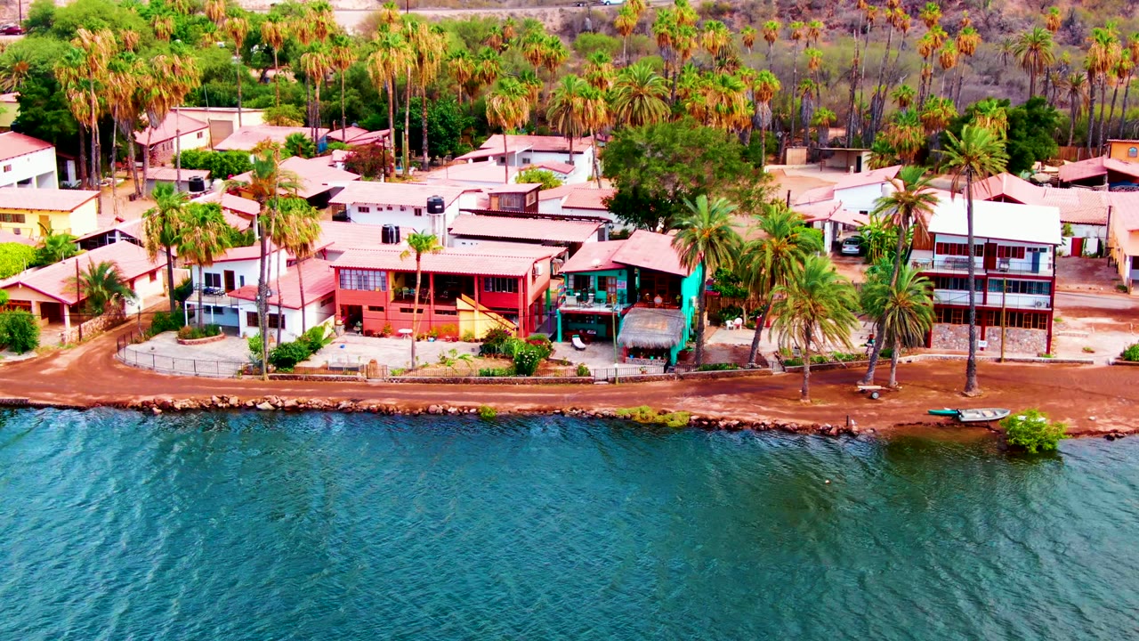 Waterfront houses and palm trees seen from above with blue water in front.