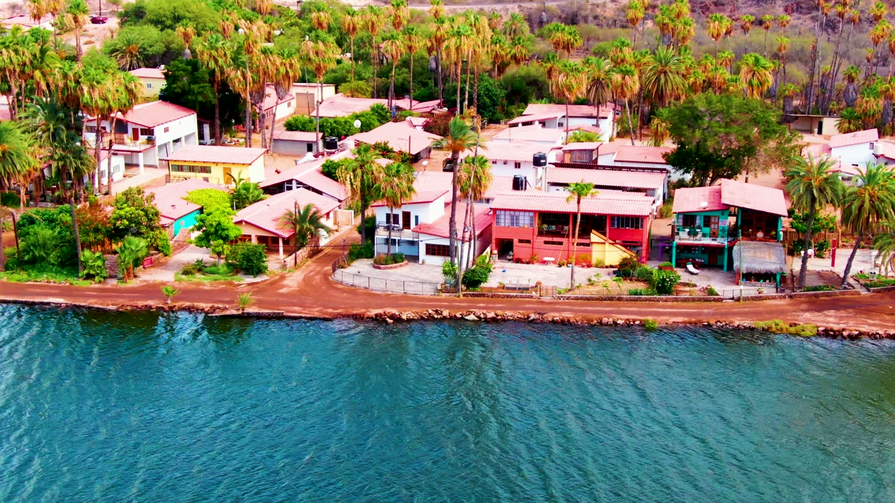 Waterfront residential buildings and palms viewed from above across rippling water.