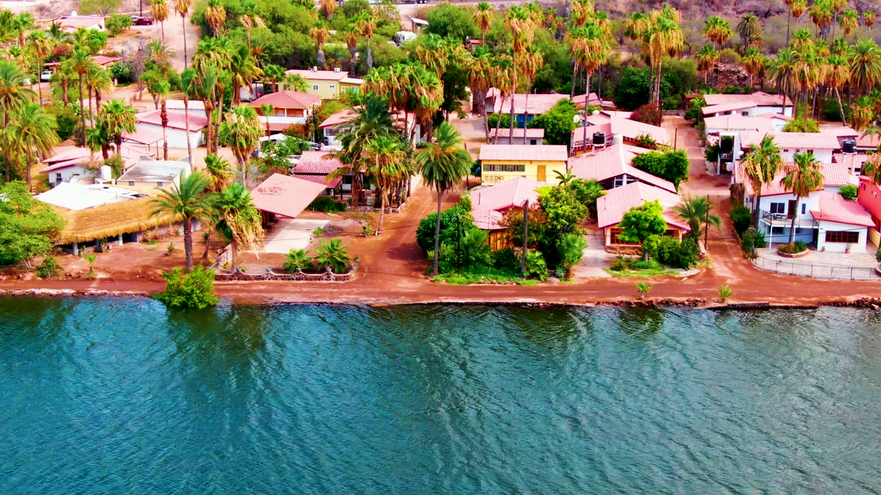 Opening aerial frame over Mulege, Baja California Sur, showing rippled blue water below a dirt shoreline, low homes, and dense palm trees, with no visible people.