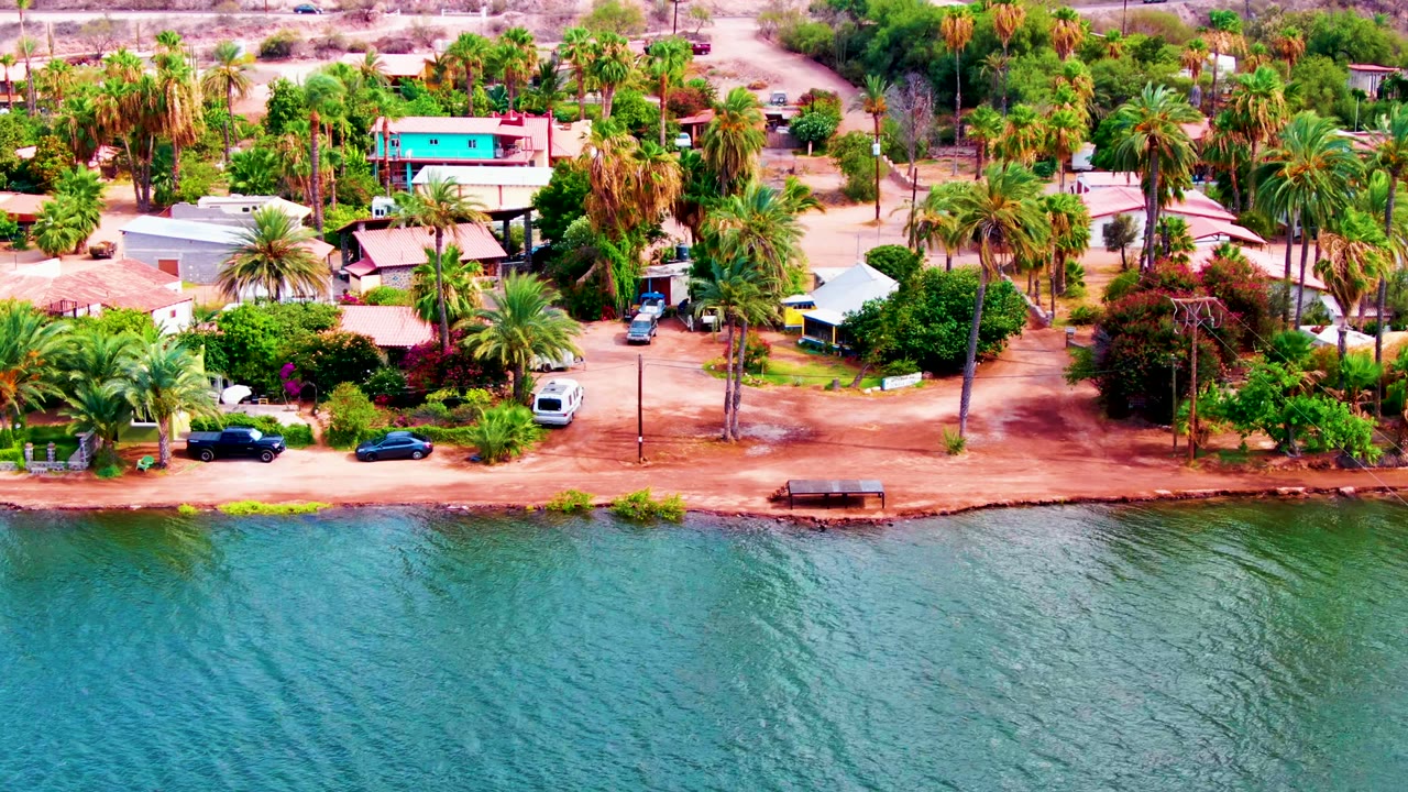 Aerial frame from Mulege with blue water across the foreground, reddish shore, dense palms, low residential buildings, parked cars, and no visible people.