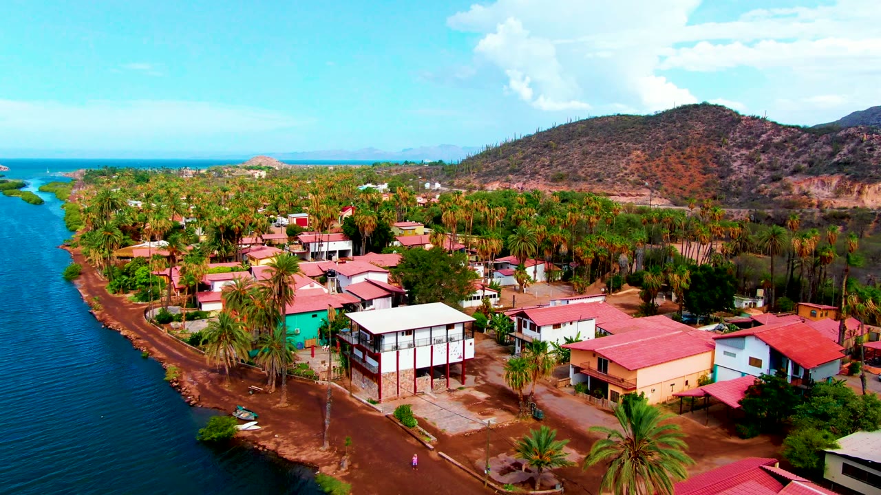 Coastal village with palms, houses, road, waterway, and hills in bright daylight.