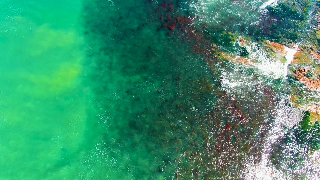 Clear green water beside foamy waves on rocky coast.