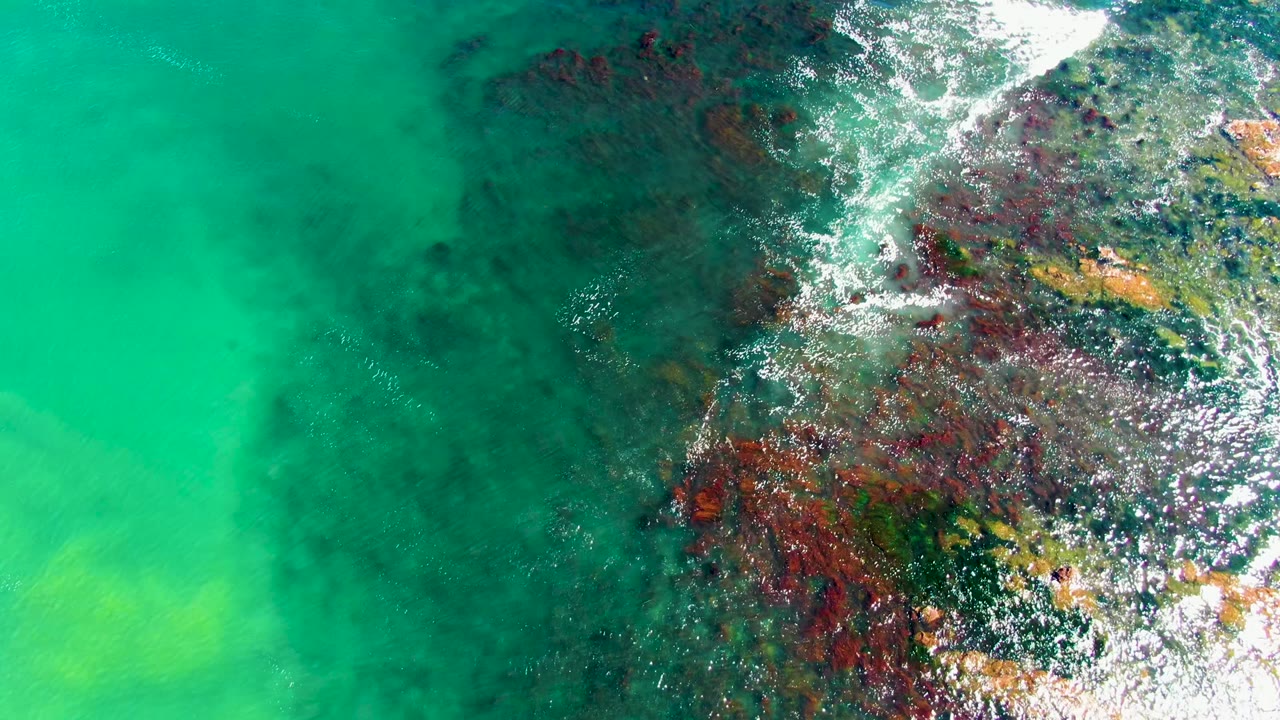 Top-down aerial frame at La Bocana where white surf foam crosses the upper right over rust and dark colored submerged rocks, with no visible people.