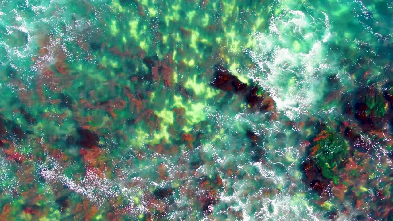 Top-down view of clear shallow ocean water at La Bocana, Baja California Sur, with dark submerged rocks, green seabed color, white foam, and no visible people.