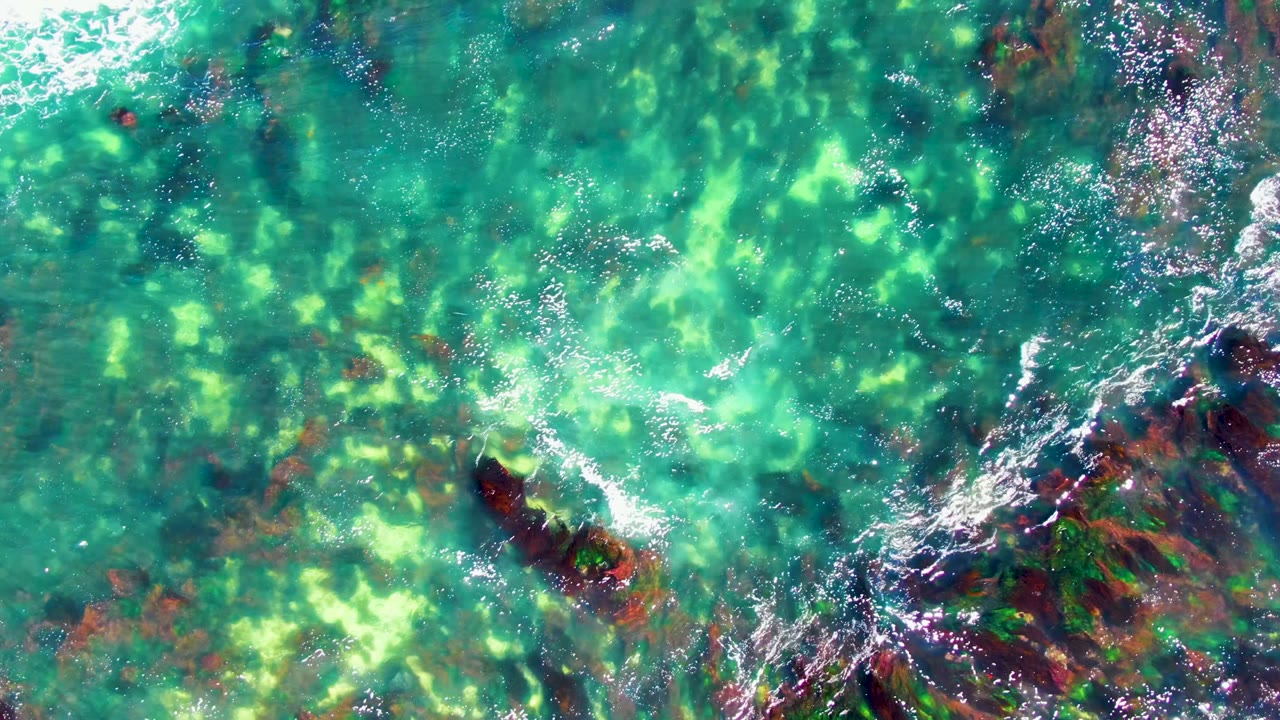 Top-down view of clear green-turquoise water over submerged rocks in La Bocana, Baja California Sur, with white foam crossing the upper right and no visible people.