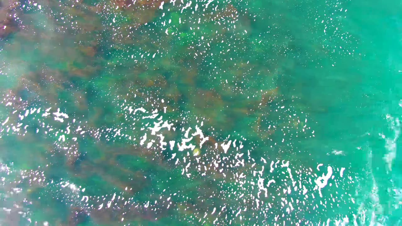Overhead view of turquoise shallow water at La Bocana, Baja California Sur, with sun glare, faint ripples, dark submerged reef patches, and no visible people.