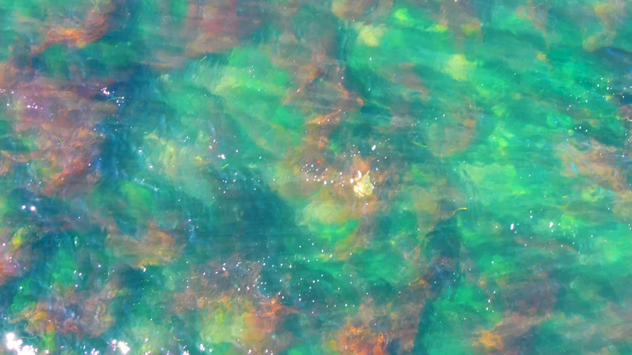 At 0:02, clear La Bocana water reveals darker underwater patches and green seabed areas beneath a lightly rippled surface, with no visible people.