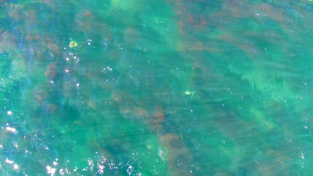 Clear green-blue water with submerged rocks and small bright reflections.