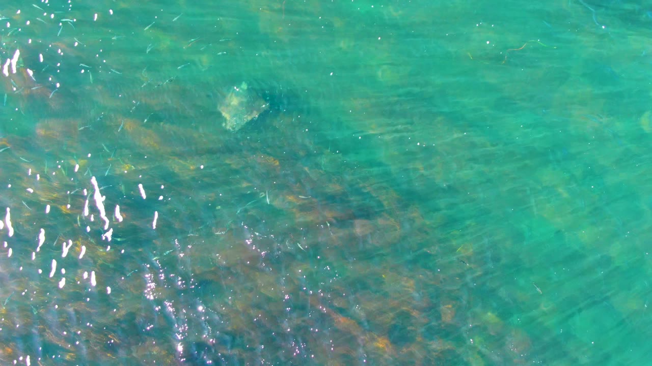 In La Bocana, Baja California Sur, a fish shape is visible under turquoise water near mottled rocks and coral color while bright ripples cross the upper left, with no visible people.