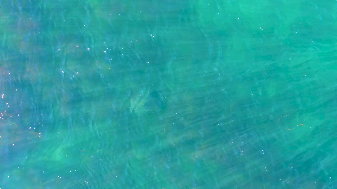 Blue-green shallow water with soft ripple bands and scattered glints.