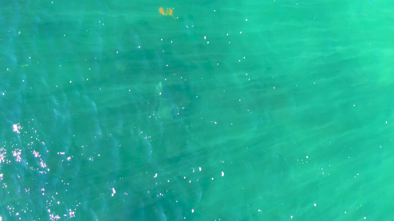A brighter patch of turquoise water in La Bocana shows small suspended particles, glints of sunlight, faint underwater shapes, and no visible people.