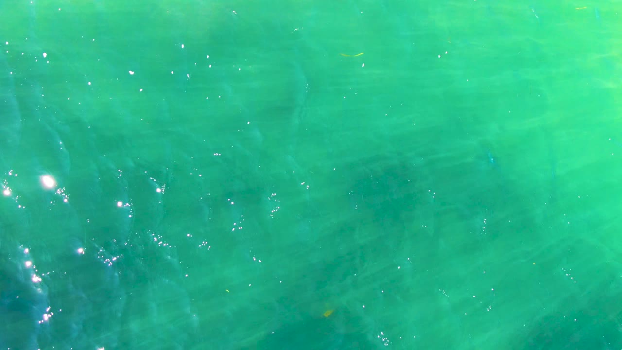 Overhead green ocean water in La Bocana, Baja California Sur, with small ripples, scattered white sun glints, and no visible people.