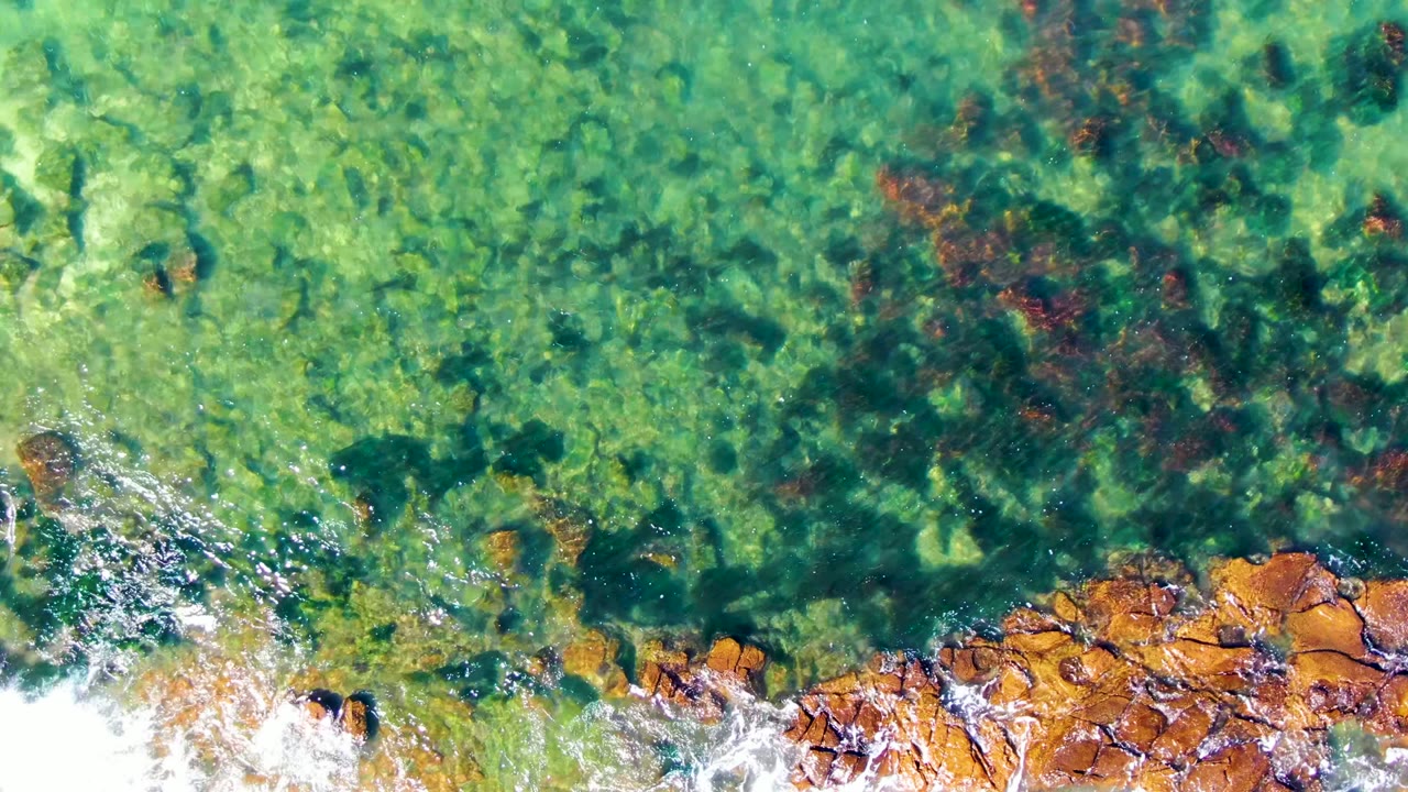 Overhead view in La Bocana, Baja California Sur of clear green water, dark seaweed patches, orange-brown shoreline rocks, and white foam along the lower edge, with no visible people.