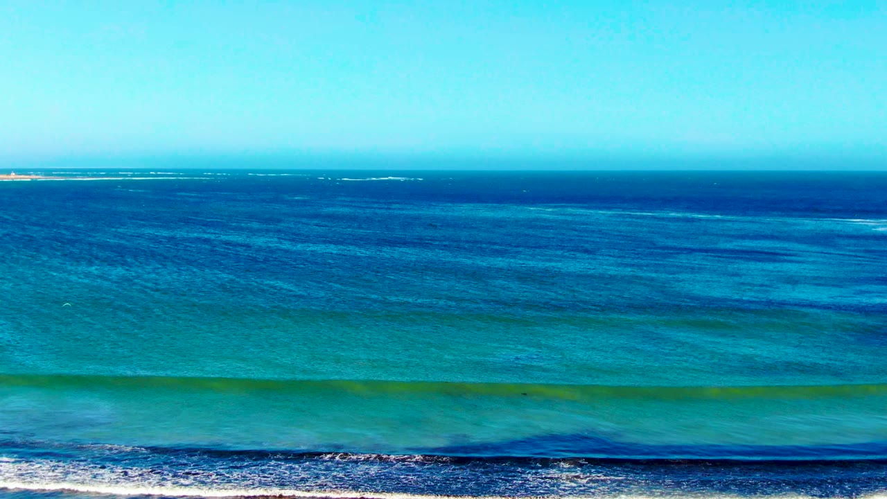 Blue ocean under a clear sky with a narrow wave breaking near shore.