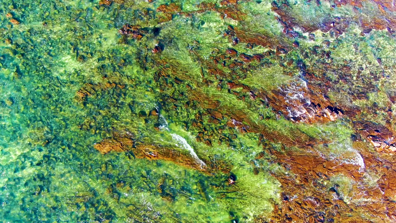 Top-down aerial frame over La Bocana, Baja California Sur, showing green shallow water around brown exposed terrain and dark patches, with no visible people.