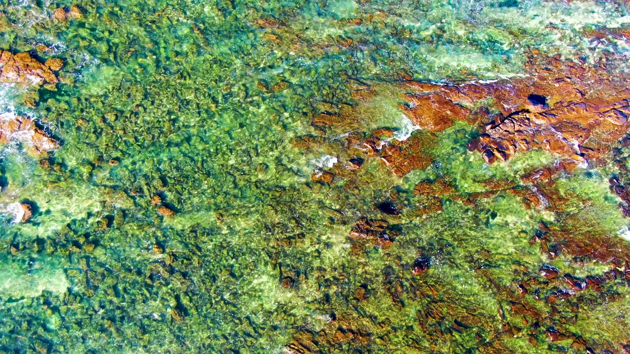 Rocky shallow water with brown stones and a narrow white wave line.