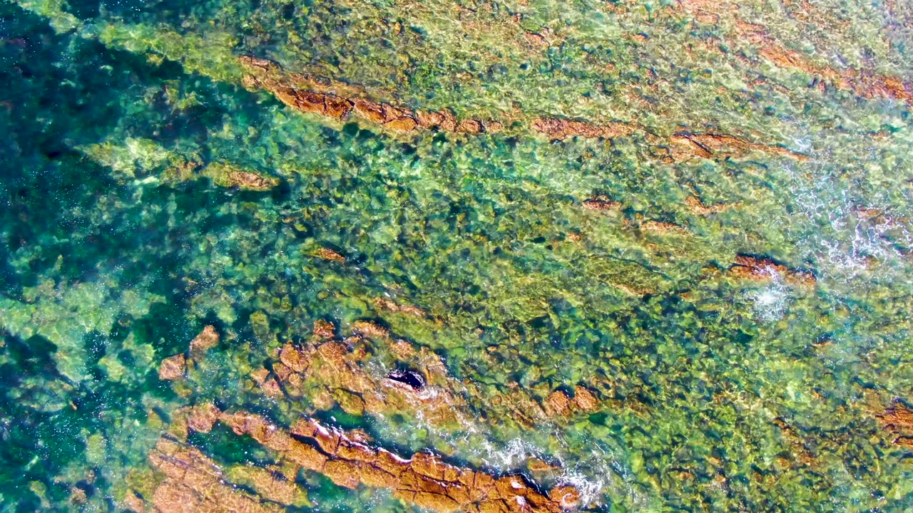 Transparent coastal water reveals long orange-brown rock shelves and green algae in La Bocana, Baja California Sur, Mexico, with foam breaking near the rocks and no visible people.