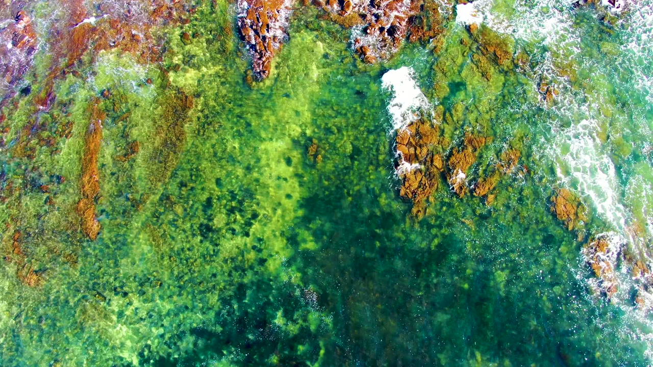 Overhead view of clear green water and rust-colored rocks off La Bocana, Baja California Sur, with thin white foam near the upper edge and no visible people.