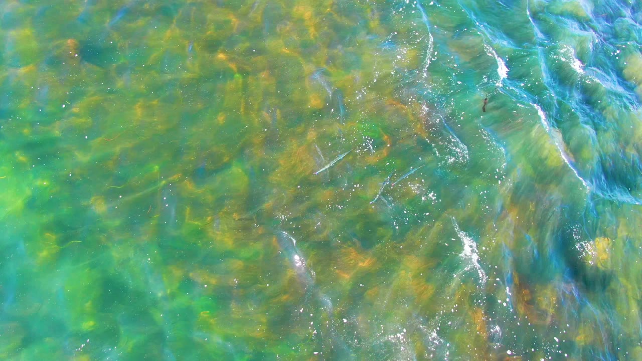 At 0:00, clear green-blue shallow water in La Bocana shows submerged yellow and orange rocks, faint fish shapes, surface ripples, and no visible people.