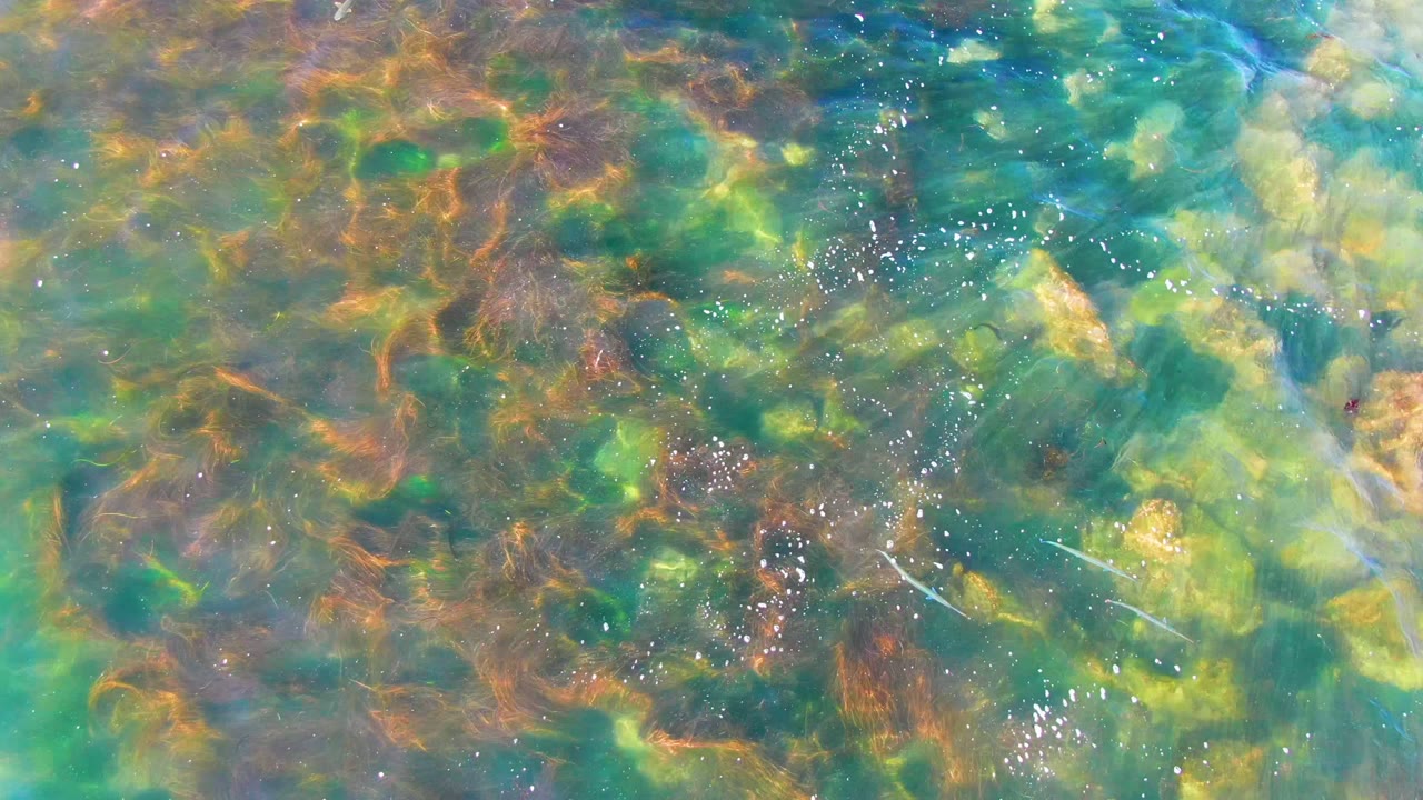 Top-down view of clear rippling water over green, blue, and orange rocks in La Bocana, Baja California Sur, with small bright foam flecks and no visible people.