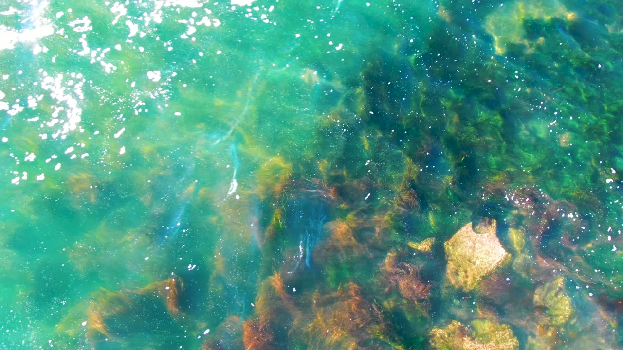 Turquoise water with bright reflections and rocks below.