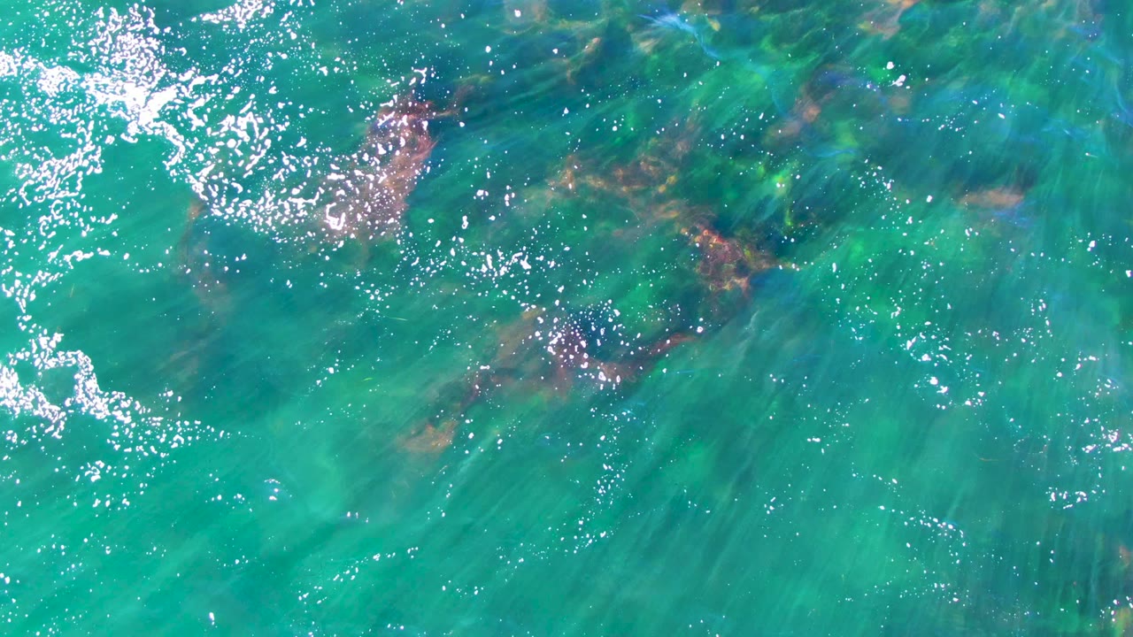 Clear turquoise water with submerged rocks and rippled light.