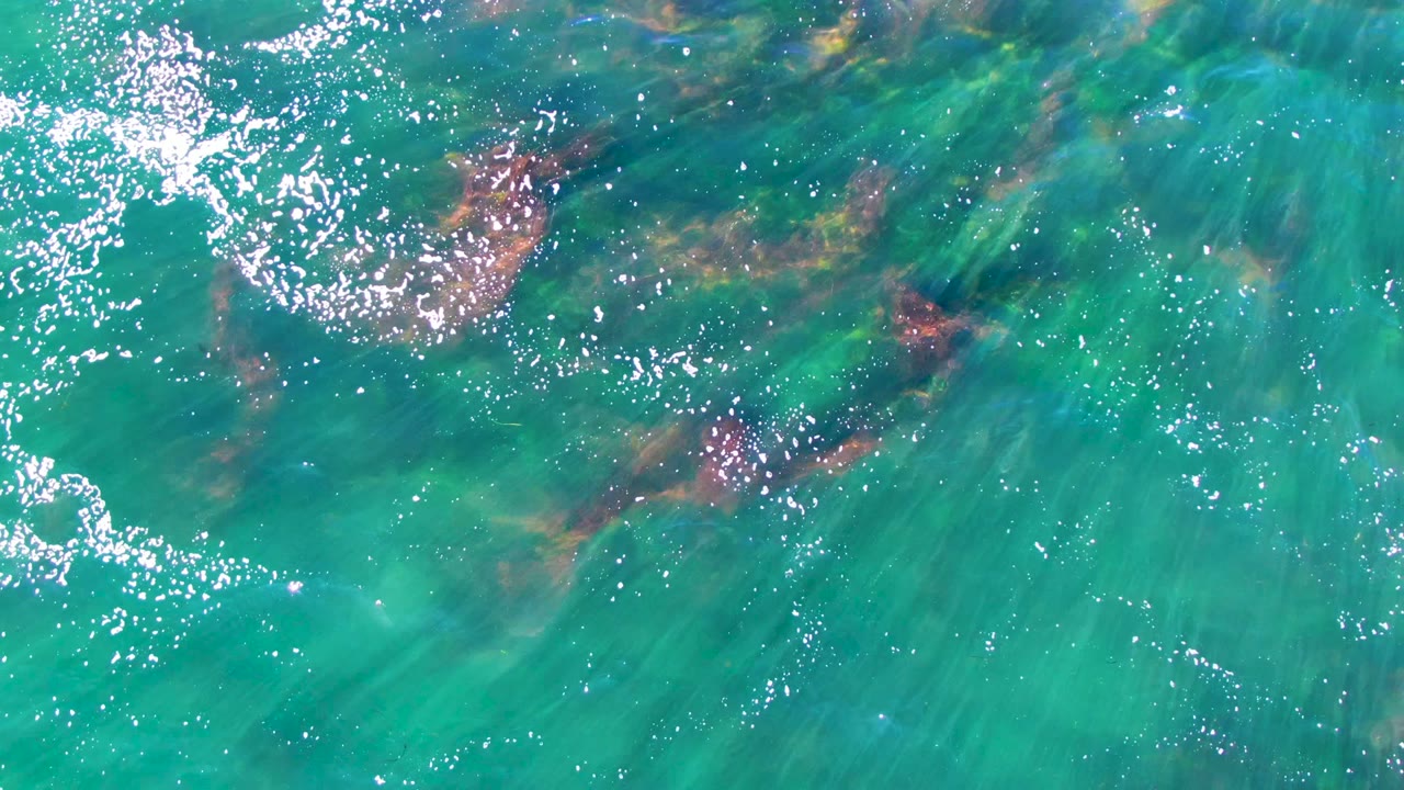 A top-down frame of La Bocana shallow ocean water shows scattered dark rocks below the turquoise surface, concentrated sun sparkle near the upper edge, and no visible people.